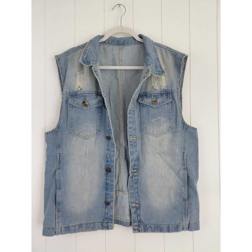 ROMWE Distressed Denim Vest Light Wash Ripped Jean Trucker Jacket Size XL